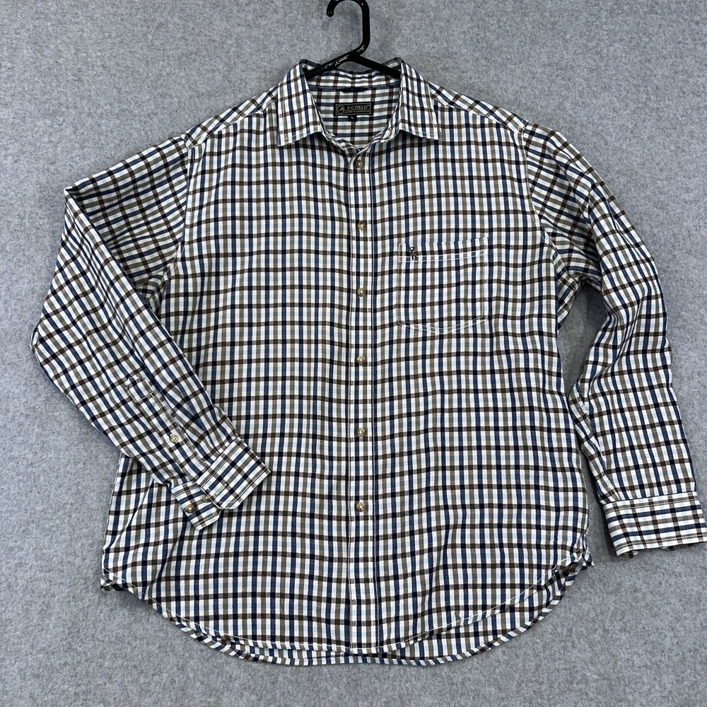P.G. Field Men's Plaid Long Sleeve Button Up Shirt Size L Blue Brown Check
